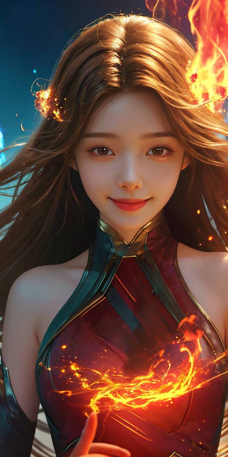 ,kind smile,looking_at_viewer,masterpiece, 1 girl, Look at me, Long hair, Flame, A magical scene, glowing, Floating hair, realistic, Nebula, An incredible picture, The magic array behind it, Stand, textured skin, super detail, best quality, , huolinger,dress, 1girl,