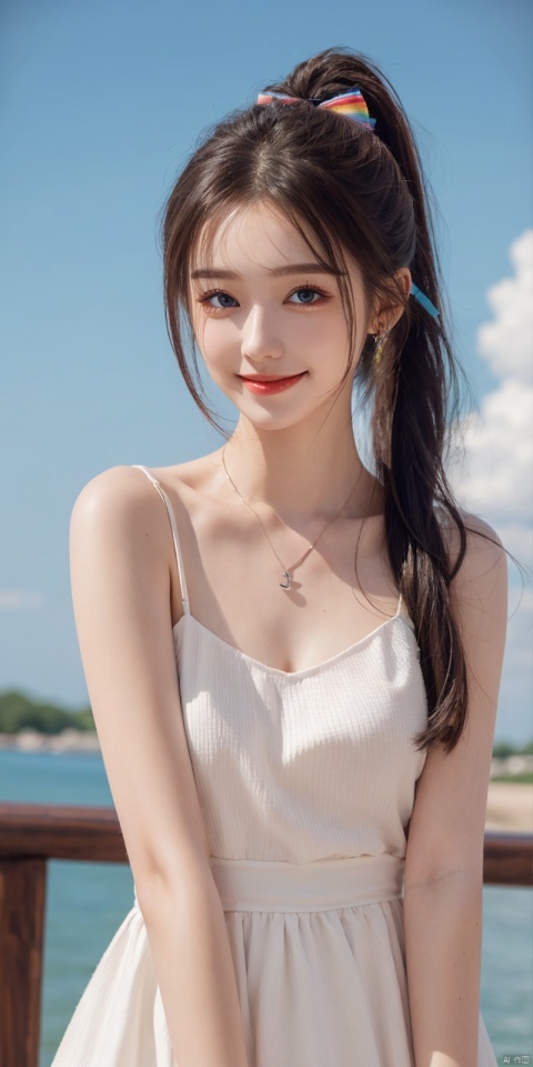  best quality, masterpiece, realistic, ,(Good structure), DSLR Quality,Depth of field,kind smile,looking_at_viewer,Dynamic pose, 
1girl, solo, long hair, breasts, looking at viewer, blush, , bangs, blue eyes,, dress, bow, , bare shoulders, jewelry, very long hair, collarbone, ponytail, white hair, hair bow, thighs, outdoors, sky, sleeveless, day, cloud, water, necklace, white dress, hair over one eye, bracelet, blue sky, blue bow, wading, pendant, doll, skirt hold, rainbow, anastasia \(fate\), eluosi