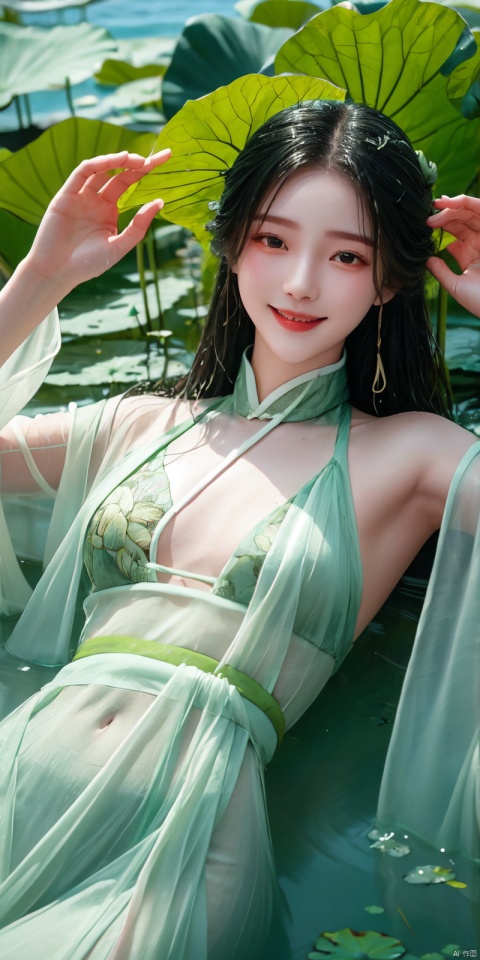  (Good structure), DSLR Quality,Depth of field,kind smile,looking_at_viewer,Dynamic pose,,
A girl, lying in the water, in a green pool, covered with lotus leaves, dressed in gauze-like Hanfu,hedress,Smile, wet clothes,Wet hair, liushen