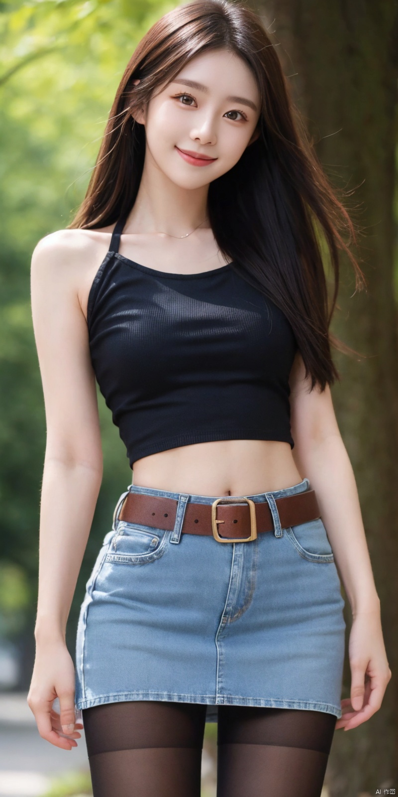  best quality, masterpiece, cowboy_shot,(Good structure), DSLR Quality,Depth of field,kind smile,looking_at_viewer,Dynamic pose,
 1girl, 3d, bare_shoulders, belt, blurry, blurry_background, blurry_foreground, branch, , , , collarbone, *******_photo, denim, denim_skirt, depth_of_field, , lips, long_hair, looking_at_viewer, midriff, miniskirt, motion_blur, navel, outdoors, photo_\(medium\), realistic, skirt, solo, standing, tree, , , , blackpantyhose, , , , , , lianmo