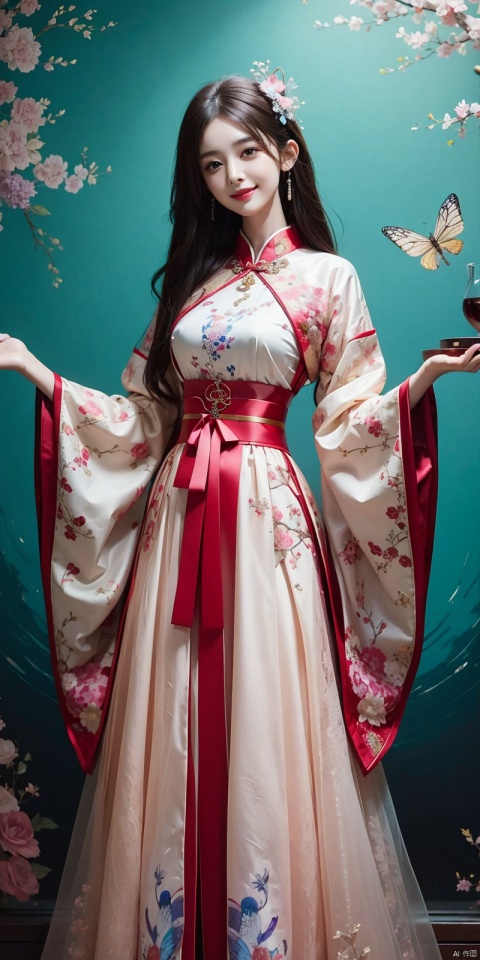  best quality, masterpiece, cowboy_shot,(Good structure), DSLR Quality,Depth of field,kind smile,looking_at_viewer,Dynamic pose, line art,line style,as style,best quality,masterpiece, The image features a beautiful anime-style illustration of a young woman. She has long black hair and is dressed in a traditional Chinese outfit. The outfit consists of a white top with blue and purple accents, a long skirt, and a butterfly-shaped mirror in her hand. She stands against a backdrop of a clear blue sky and a body of water, with butterflies fluttering around her. AI painting pure tag structure: anime, art, illustration, traditional clothes, blue, white, long hair, black hair, butterfly, mirror, sky, water,  , nazha, chineseclothes