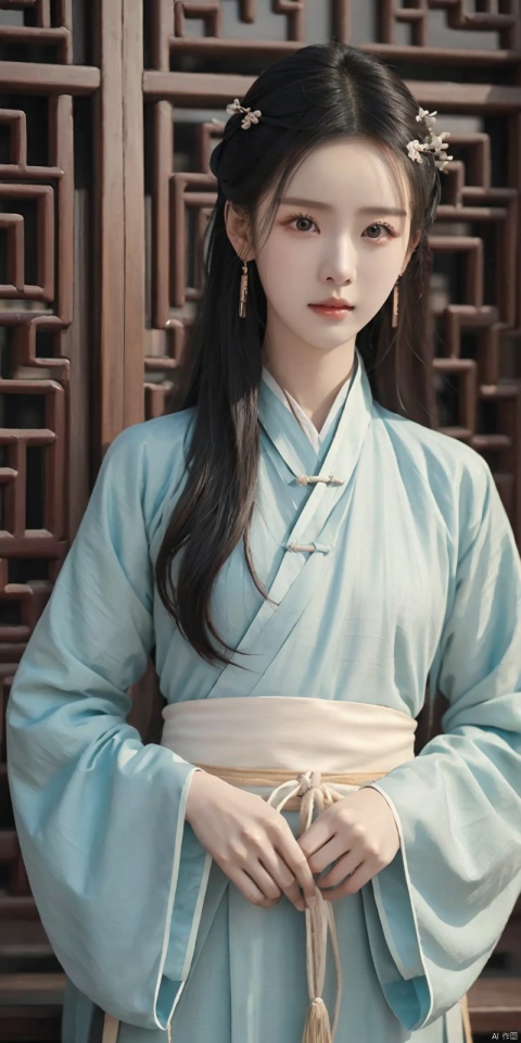 duling, 1girl, jewelry, solo, earrings, realistic, long hair, black hair, hair ornament, chinese clothes, hanfu