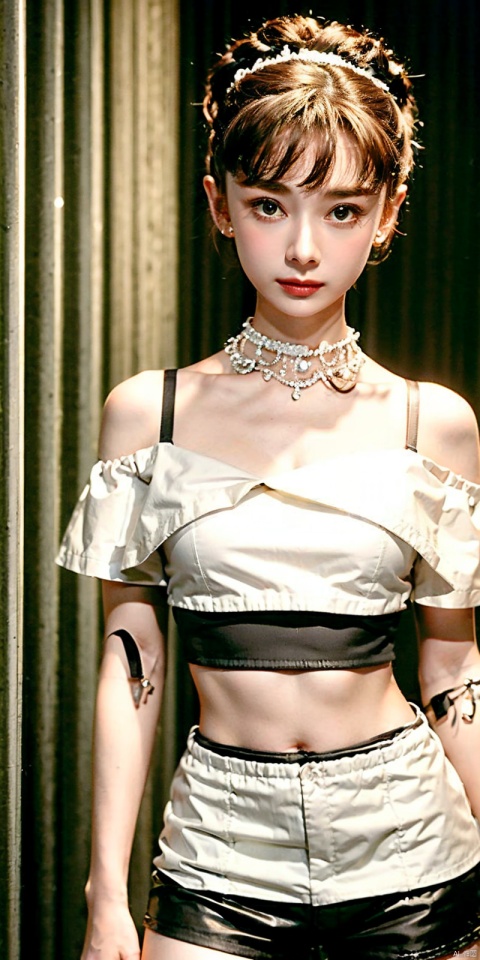  nai3, 1girl, shorts, solo, crop top, black shorts, choker, navel, shirt, midriff, crop top overhang, looking at viewer, white shirt, jewelry, breasts, cowboy shot, bare shoulders, short shorts, off-shoulder shirt, off shoulder, black choker, thighs, stomach, hand on own thigh, long hair, bracelet, short sleeves, ribbon, hand up, collarbone, hair ribbon, medium breasts, standing, high-waist shorts, dolphin shorts, bra strap, closed mouth, hair ornament, thigh gap, bangs, necklace, expressionless,, heben,brown-hair