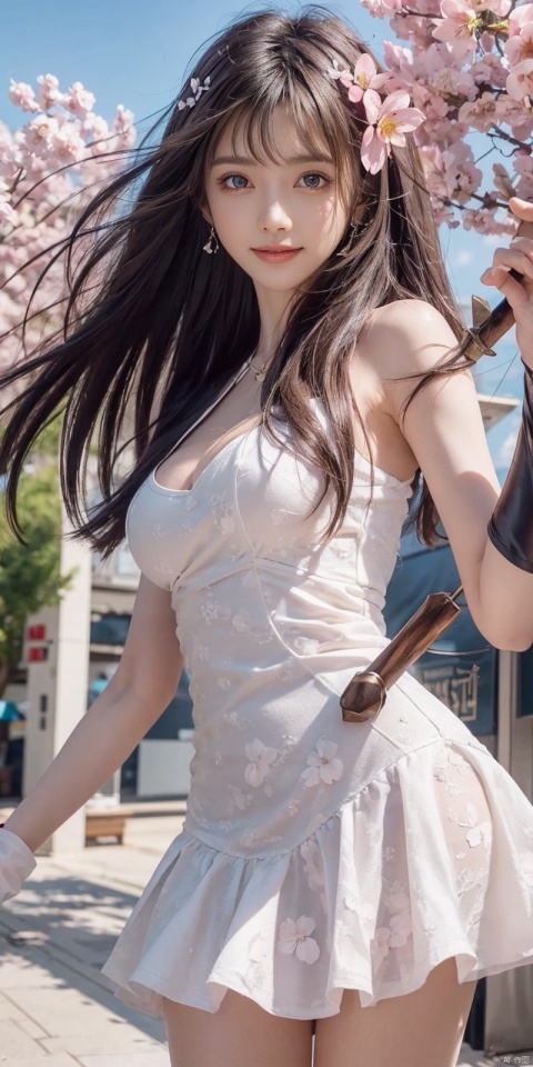  best quality, masterpiece, realistic,cowboy_shot,(Good structure), DSLR Quality,Depth of field,kind smile,looking_at_viewer,Dynamic pose, 
1girl, solo, long hair, breasts, looking at viewer, blush, bangs, blue eyes, hair ornament, gloves, dress, hair between eyes, medium breasts, very long hair, standing, weapon, flower,, , outdoors,  sky, day, pointy ears, black gloves, cloud, hair flower, white dress, armor, two-tone hair, blue sky, petals, , cherry blossoms, pink flower, wangyushan