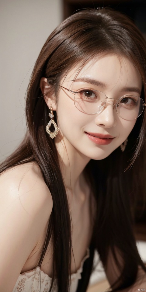  best quality, masterpiece, realistic,cowboy_shot,(Good structure), DSLR Quality,Depth of field,kind smile,looking_at_viewer,Dynamic pose, 
longni, 1girl, solo, glasses, long hair, looking at viewer, earrings, jewelry, lips, brown hair, blurry, realistic