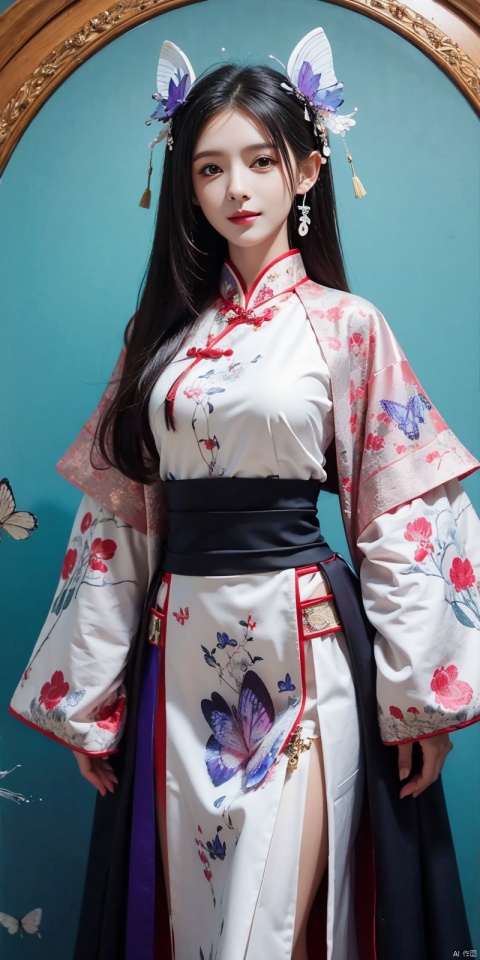  best quality, masterpiece, (cowboy_shot),(Good structure), DSLR Quality,Depth of field,kind smile,looking_at_viewer,Dynamic pose, line art,line style,as style,best quality,masterpiece, The image features a beautiful anime-style illustration of a young woman. She has long black hair and is dressed in a traditional Chinese outfit. The outfit consists of a white top with blue and purple accents, a long skirt, and a butterfly-shaped mirror in her hand. She stands against a backdrop of a clear blue sky and a body of water, with butterflies fluttering around her. AI painting pure tag structure: anime, art, illustration, traditional clothes, blue, white, long hair, black hair, butterfly, mirror, sky, water, , chineseclothes, zhangyuxi