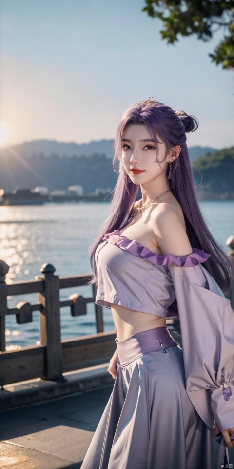  (Good structure),cowboy_shot, DSLR Quality,Depth of field ,looking_at_viewer,Dynamic pose, , kind smile,,
1girl, solo, long hair, , looking at viewer, skirt, hair ornament, bare shoulders, jewelry, , black hair, earrings, outdoors, midriff, water, necklace, lips, crop top, grey eyes, leaning forward, ocean, white skirt, strapless vest, sunset, sun,  , yunxiao,purple_hair