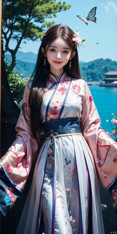  best quality, masterpiece, (cowboy_shot),(Good structure), DSLR Quality,Depth of field,kind smile,looking_at_viewer,Dynamic pose, line art,line style,as style,best quality,masterpiece, The image features a beautiful anime-style illustration of a young woman. She has long black hair and is dressed in a traditional Chinese outfit. The outfit consists of a white top with blue and purple accents, a long skirt, and a butterfly-shaped mirror in her hand. She stands against a backdrop of a clear blue sky and a body of water, with butterflies fluttering around her. AI painting pure tag structure: anime, art, illustration, traditional clothes, blue, white, long hair, black hair, butterfly, mirror, sky, water,  , nazha, chineseclothes