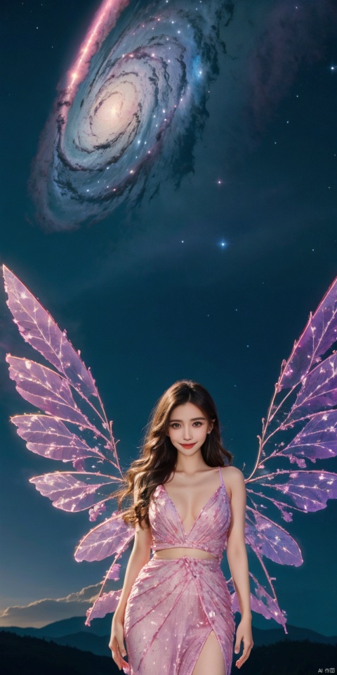  (Good structure), DSLR Quality,Depth of field,kind smile,looking_at_viewer,Dynamic pose, 1girl, wings, solo, nebula wings, breasts, , long hair, navel, dress, pink wings, looking at viewer, star \(sky\), , , bare shoulders, sky, starry sky, collarbone, realistic, nebula, ((poakl)),, angel, dress