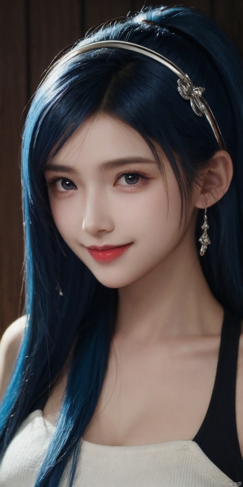 best quality, masterpiece, cowboy_shot,(Good structure), DSLR Quality,Depth of field,kind smile,looking_at_viewer,Dynamic pose, 
1girl, solo, long hair, breasts, blue eyes, , bare shoulders, blue hair, collarbone,, , ponytail, multicolored hair, off shoulder, , lips, , headgear, red lips,tifa