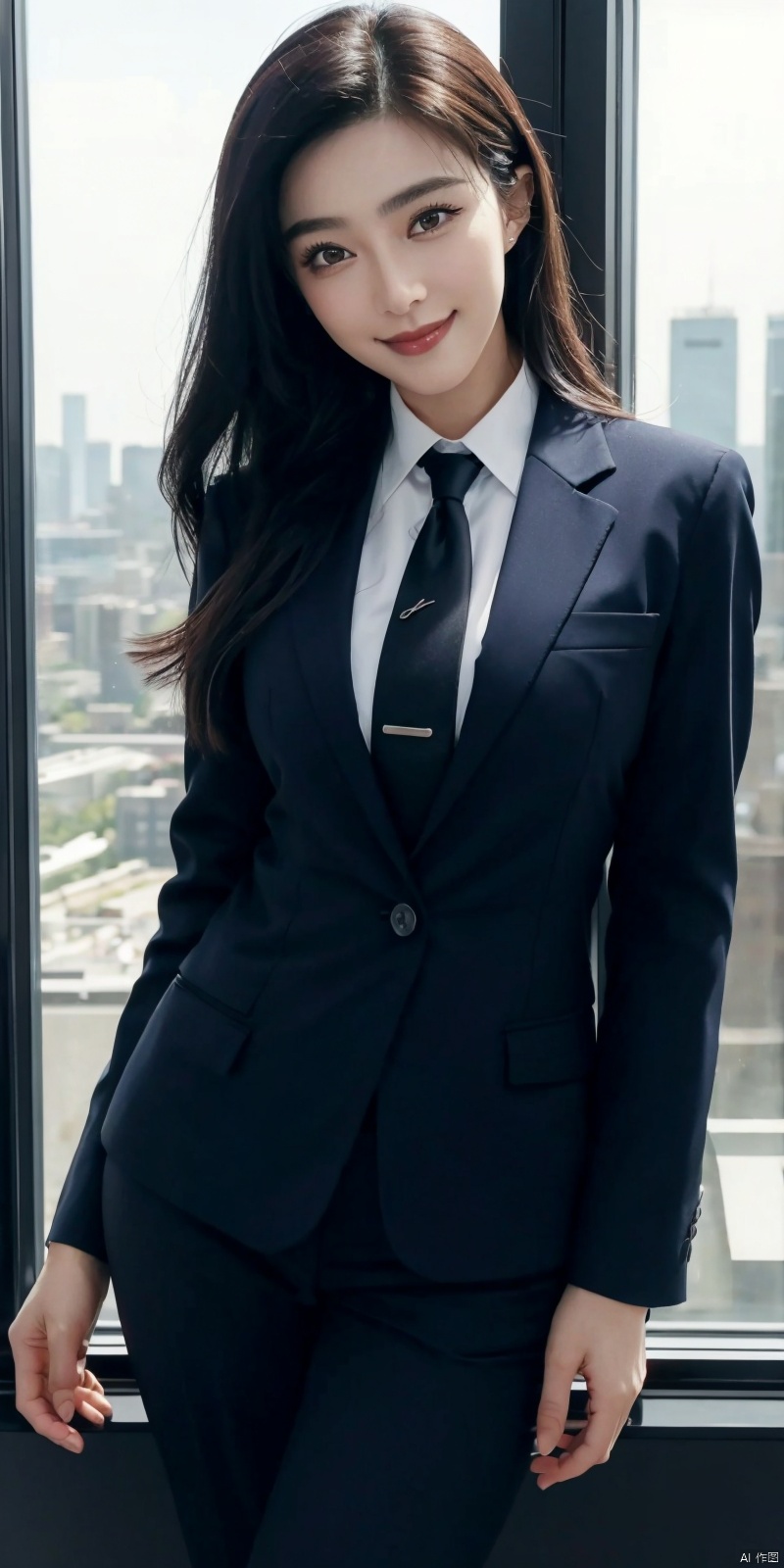  best quality, masterpiece, cowboy_shot,(Good structure), DSLR Quality,Depth of field,kind smile,looking_at_viewer,Dynamic pose, 
Modern businesswoman, dressed in a sleek suit and tie, posing confidently in a modern office setting, cityscape view through the window, focused expression, powerful pose, professional attire, realistic lighting, sharp focus., fanbing