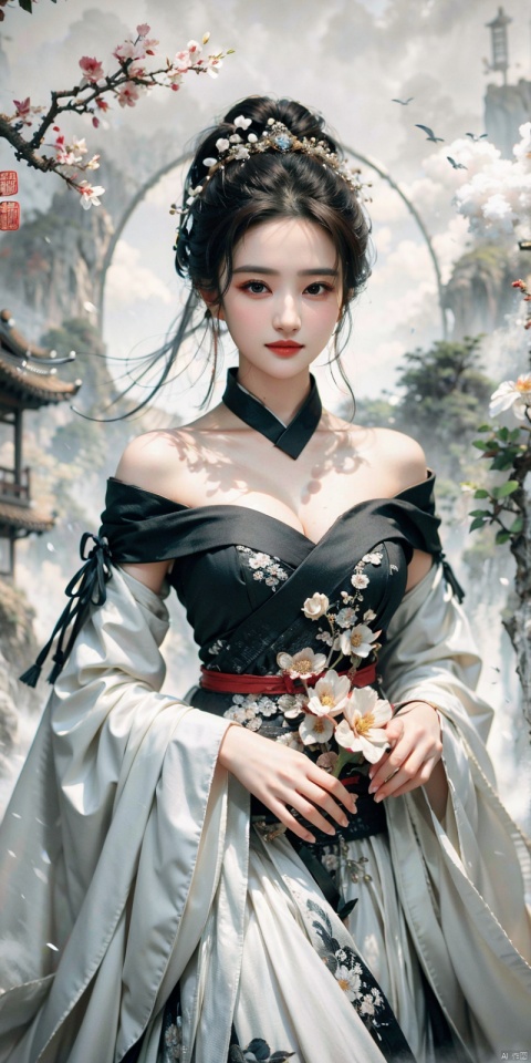  best quality, masterpiece,cowboy_shot,(Good structure),,a girl,xianjing,Off-the-shoulder, bust photo,upper body,Hanfu, Cloud, Smoke,branch,flower, smile,Gaze at the audience, Ink scattering_Chinese style, ((poakl)), ,looking_at_viewer,kind smile, , chinese dress,white dress, liuyifei