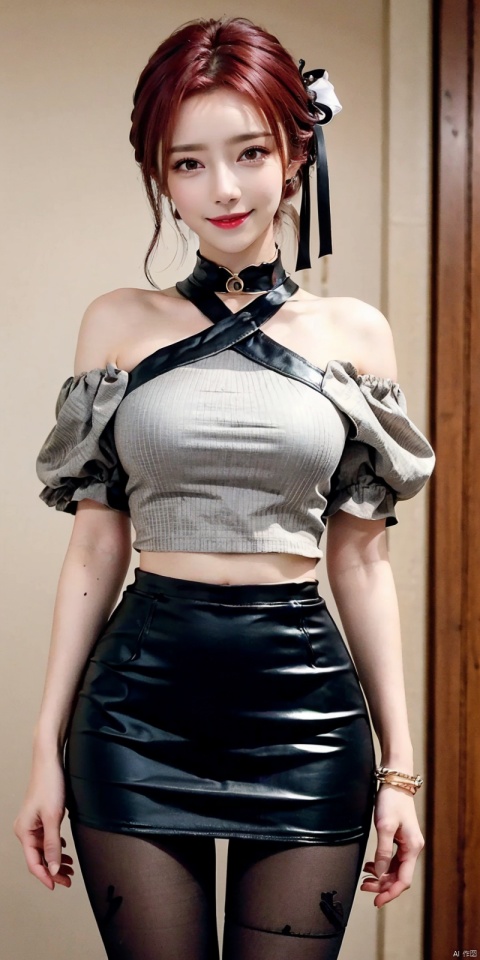  nai3, 1girl, solo, crop top, choker, miniskirt , navel, shirt, midriff, crop top overhang, looking at viewer, white shirt, jewelry, breasts, cowboy shot, bare shoulders, off-shoulder shirt, off shoulder, black choker, thighs, stomach, hand on own thigh, long hair, bracelet, short sleeves, ribbon, hand up, collarbone, hair ribbon, medium breasts, standing, , , bra strap, kind smile, hair ornament, thigh gap, bangs, necklace, expressionless,,kind smile , , blackpantyhose, , Dynamic pose,, yafei,red hair