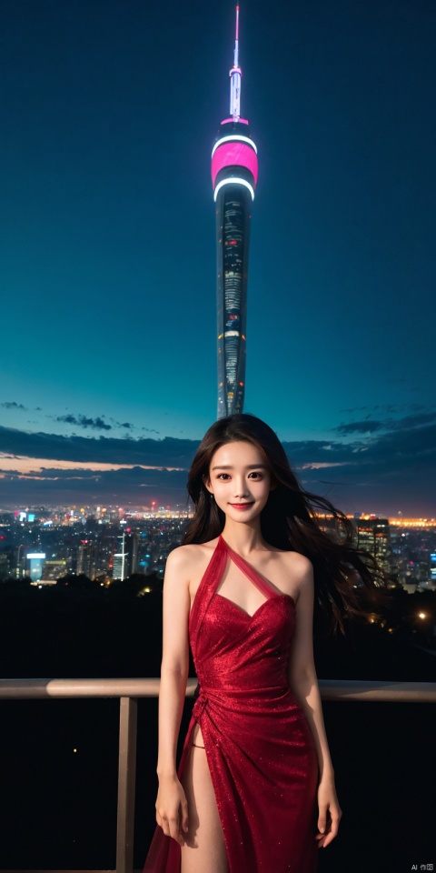  neonpunk style Neon noir leogirl,hANMEIMEI,realistic photography,,On the rooftop of a towering skyscraper,a girl stands,facing the camera directly. Behind her,a multitude of skyscrapers stretches into the distance,creating a breathtaking urban panorama. It's the perfect dusk moment,with the evening sun casting a warm glow on the girl's face,intensifying the scene's impact. The photo captures a sense of awe,with the sharpness and realism making every detail vivid and clear,Hair fluttered in the wind,long hair,halterneck, . cyberpunk, vaporwave, neon, vibes, vibrant, stunningly beautiful, crisp, detailed, sleek, ultramodern, magenta highlights, dark purple shadows, high contrast, cinematic, ultra detailed, intricate, professional, ((poakl)), Light master,, ,, dress, ,looking_at_viewer,kind smile,, litongqin