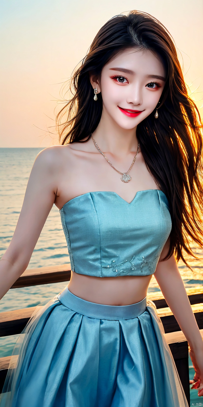  best quality, masterpiece, realistic,cowboy_shot,(Good structure), DSLR Quality,Depth of field,kind smile,looking_at_viewer,Dynamic pose, 
1girl, solo, long hair, , looking at viewer, skirt, hair ornament, bare shoulders, jewelry, , black hair, earrings, outdoors, midriff, water, necklace, lips, crop top, grey eyes, leaning forward, ocean, white skirt, strapless vest, sunset, sun, ,  , dress,blue dress, tianhu