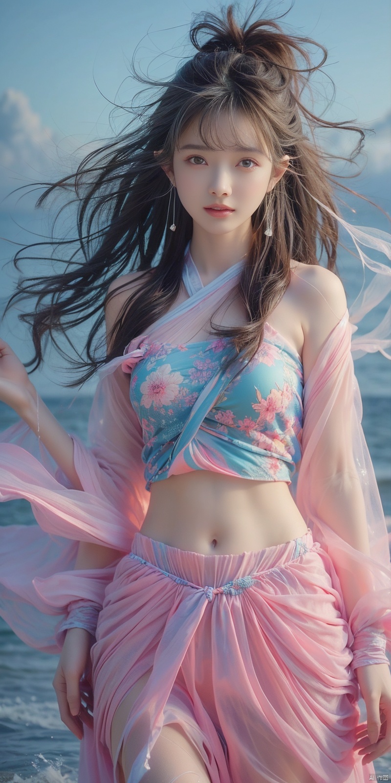  best quality, masterpiece, cowboy_shot,(Good structure), DSLR Quality,Depth of field,kind smile,looking_at_viewer,Dynamic pose, 
 Surrealism Dream Style,glowing neon color,RAW photo,at night,1girl,solo,sea,black hair,ponytail,looking at viewer,long hair,up,lips,sash,water splaashing,hair ornament,realistic,wide sleeves,hanfu,long dress,Semi transparent gauze skirt,surrealist,Best quality,masterpiece,ultra high res,Petal skirt,wind,flowers,bloom,Clouds,smoke,neon lights, 80sDBA style, 1 girl, , , wangyushan