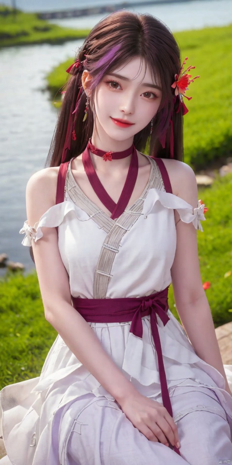 best quality, masterpiece, realistic,cowboy_shot,(Good structure), DSLR Quality,Depth of field,kind smile,looking_at_viewer,Dynamic pose, 
1girl, solo, long hair, breasts, looking at viewer, bangs,   hair ornament, dress, ribbon,  , bare shoulders, twintails, jewelry, medium breasts, sitting, very long hair, purple eyes, collarbone, hair ribbon, purple hair, flower, thighs, earrings, outdoors, parted lips, sleeveless, choker, hand up, hair flower, water,  white dress, bare arms, petals,  , sleeveless dress, black choker, short dress, frilled dress, white flower, purple ribbon, spaghetti strap,
 ,huolinger
