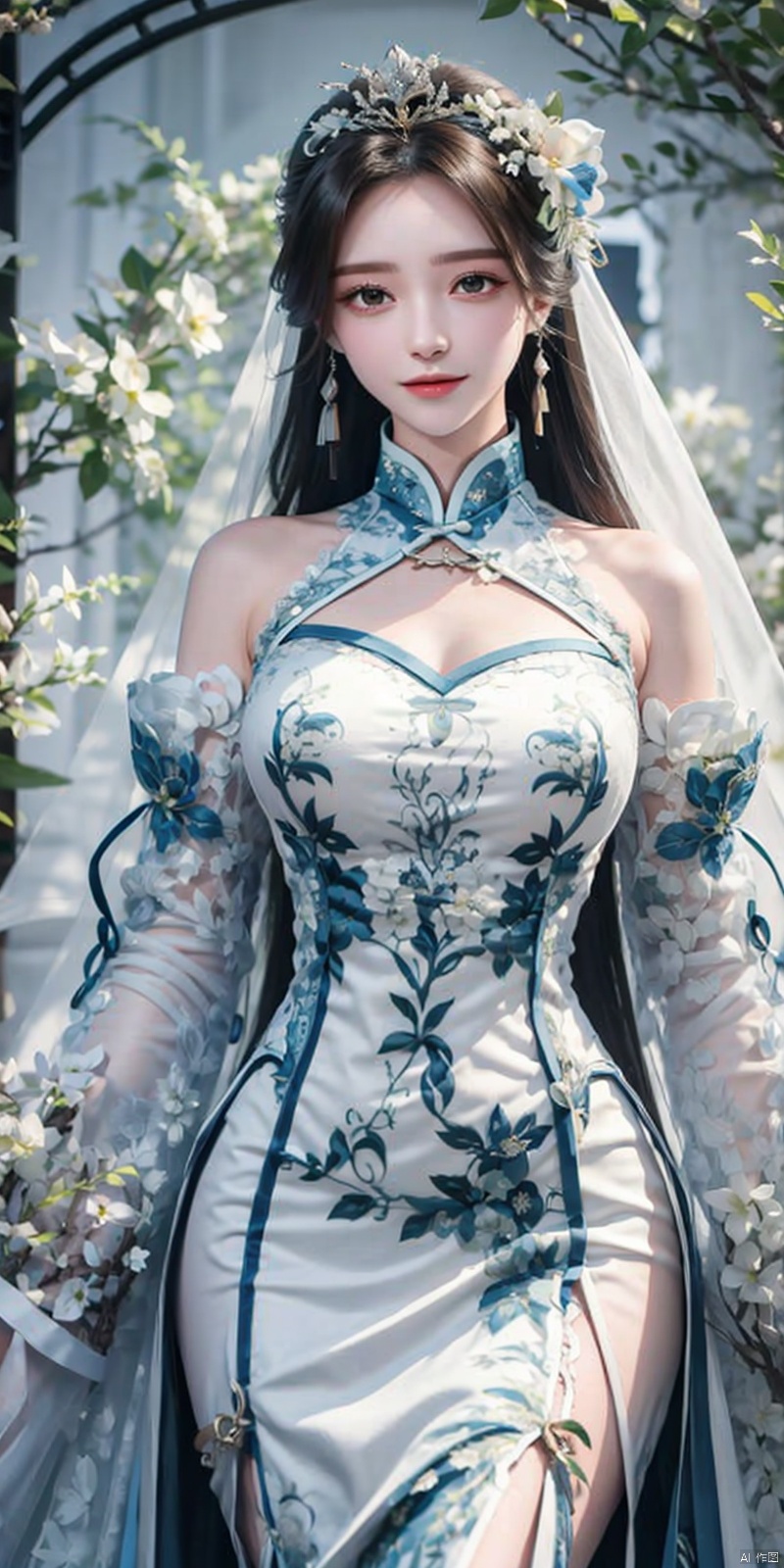  cowboy shot,(Good structure), DSLR Quality,Depth of field,kind smile,looking_at_viewer,Dynamic pose,,masterpiece, The best quality, 1girl, luxurious wedding dress, dreamy scene, white background, front viewer, looking at viewer, Flowers, romantic, Bride, Translucent white turban, UHD, 16k, , sparkling dress, , white stockings, , chinese dress,white dress,long hair,
chinese clothes,dress,white dress,floral print,china dress,blue dress,hanfu,long sleeves,print dress,robe,skirt,sleeveless dress,widesleeves, weddingdress, , ((poakl)),,, liushen