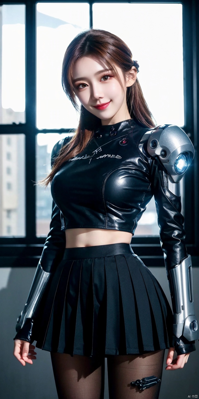 (Good structure),(best quality),masterpiece, clear and delicate picture,bright color,(best illuminate, best shadow),(best illustration), dynamic angle, , thick outline,chibi, detailed eyes, , detailed face, crop top, frilled sleeves, pleated skirt,  cowboy shot,Volumetric Lighting,(outline),(messy cyberpunk room:1.1),window,colourful, neon trim, cyberpunk city, High saturation, clouds and stars sky, Galaxy,((citylight)),kawaiitech,1girl,The eye,colorful_woman,pastel colors,1 girl,,zhennite,cyborg, 1girl, ((poakl)),kind smile,looking_at_viewer, blackpantyhose, cyborg