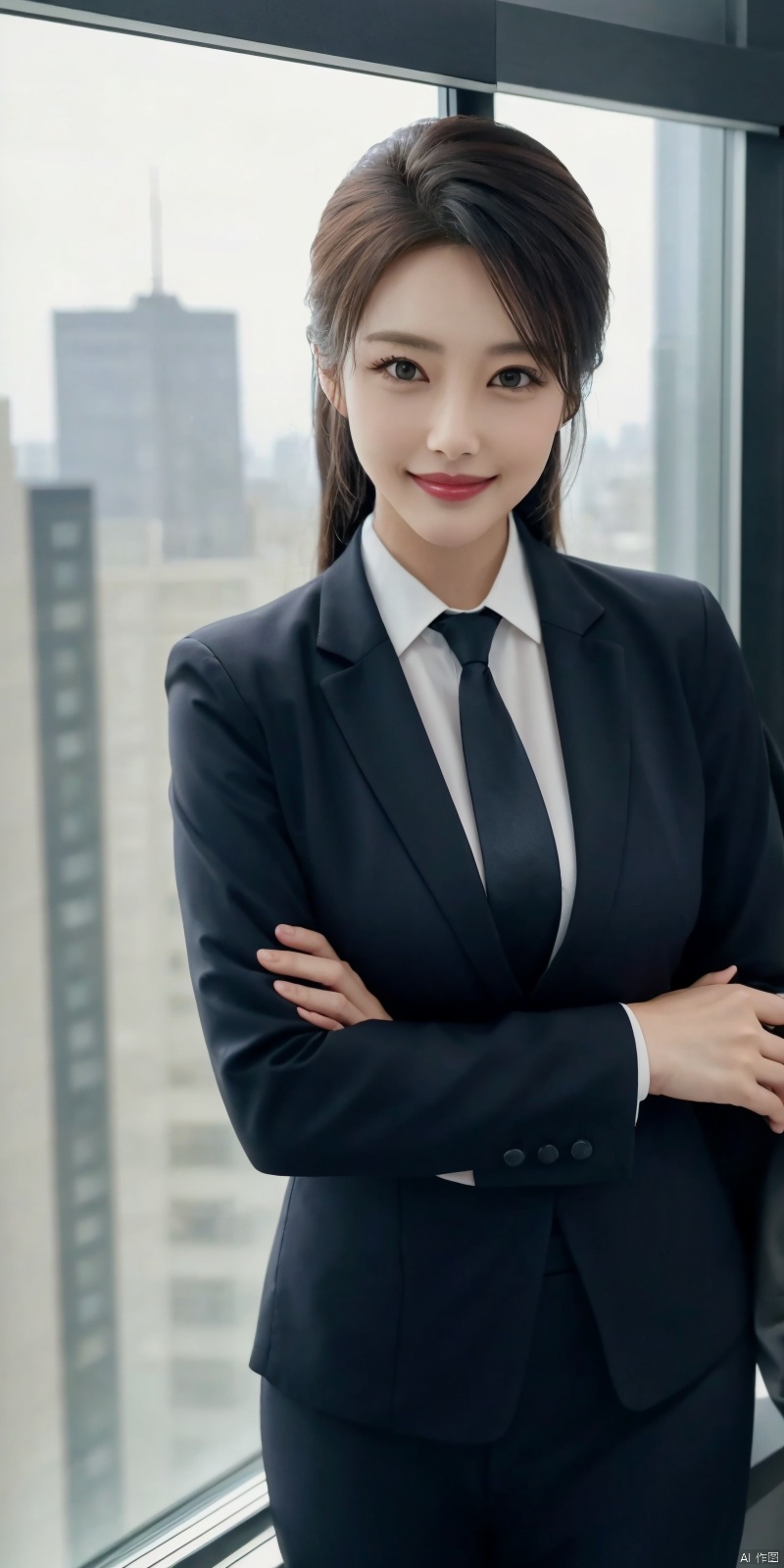  best quality, masterpiece, cowboy_shot,(Good structure), DSLR Quality,Depth of field,kind smile,looking_at_viewer,Dynamic pose, 
Modern businesswoman, dressed in a sleek suit and tie, posing confidently in a modern office setting, cityscape view through the window, focused expression, powerful pose, professional attire, realistic lighting, sharp focus.,lichun