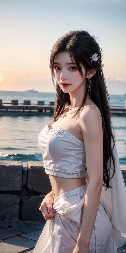  (Good structure),cowboy_shot, DSLR Quality,Depth of field ,looking_at_viewer,Dynamic pose, , kind smile,,
1girl, solo, long hair, , looking at viewer, skirt, hair ornament, bare shoulders, jewelry, , black hair, earrings, outdoors, midriff, water, necklace, lips, crop top, grey eyes, leaning forward, ocean, white skirt, strapless vest, sunset, sun, qingyi, wanglin, yeqinxian, babata