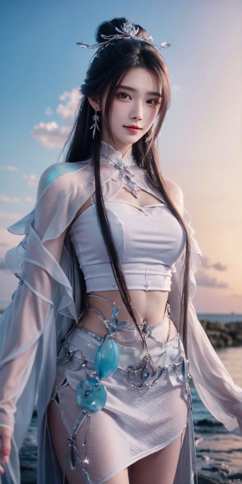  (Good structure),cowboy_shot, DSLR Quality,Depth of field ,looking_at_viewer,Dynamic pose, , kind smile,,
1girl, solo, long hair, , looking at viewer, skirt, hair ornament, bare shoulders, jewelry, , black hair, earrings, outdoors, midriff, water, necklace, lips, crop top, grey eyes, leaning forward, ocean, white skirt, strapless vest, sunset, sun, , luxueqi