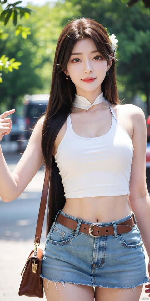  best quality, masterpiece, cowboy_shot,(Good structure), DSLR Quality,Depth of field,kind smile,looking_at_viewer,Dynamic pose,
 1girl, 3d, bare_shoulders, belt, blurry, blurry_background, blurry_foreground, branch, , , , collarbone, cosplay_photo, denim, denim_skirt, depth_of_field, , lips, long_hair, looking_at_viewer, midriff, miniskirt, motion_blur, navel, outdoors, photo_\(medium\), realistic, skirt, solo, standing, tree, , , , , huolinger