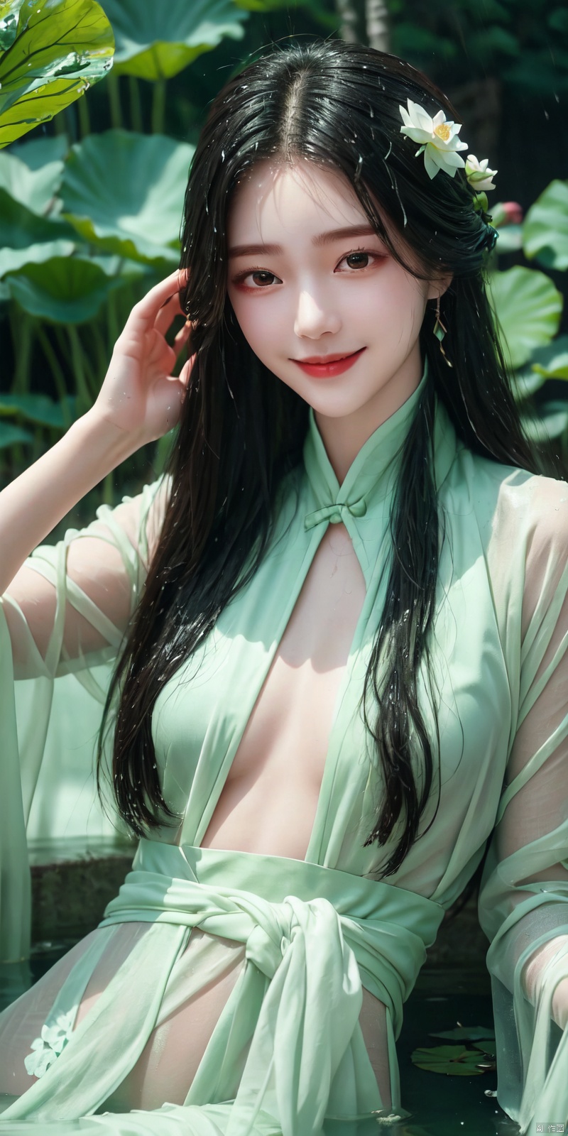  (Good structure), DSLR Quality,Depth of field,kind smile,looking_at_viewer,Dynamic pose,,
A girl, lying in the water, in a green pool, covered with lotus leaves, dressed in gauze-like Hanfu,hedress,Smile, wet clothes,Wet hair, liushen