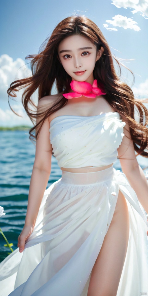  DSLR, depth of field, (1girl:1.2), , very long hair, low twintails, yellow eyes, light smile, looking at viewer, white shirt, white skirt, (flying white chiffon:1.5), bare shoulder, (flying blue petals:1.2), (standing above water surface), sky background, (cloud:1.2), white bird, floating water drops, (white border:1.2) , 
backlight, , jujingyi, taoist robe, ll-hd,(((large breasts)), depth of field,, ((poakl)), fanbing