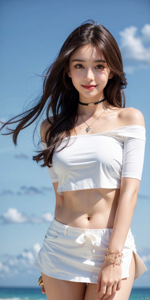  cowboy_shot,(Good structure), DSLR Quality,Short skirt,Blue sky, white clouds, ocean, nai3, 1girl, solo, crop top, , choker, navel, shirt, midriff, crop top overhang, looking at viewer, white shirt, jewelry, breasts, bare shoulders, off-shoulder shirt, off shoulder, black choker, thighs, stomach, long hair, bracelet, short sleeves, ribbon, hand up, collarbone, hair ribbon, medium breasts, , bra strap, , hair ornament, thigh gap, necklace, expressionless, , ,kind smile, ,lianmo