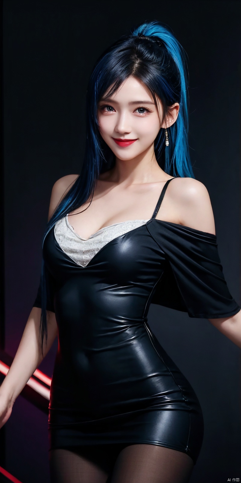 best quality, masterpiece, cowboy_shot,(Good structure), DSLR Quality,Depth of field,kind smile,looking_at_viewer,Dynamic pose, 
1girl, solo, long hair, breasts, blue eyes, Cyber City, bare shoulders, blue hair, collarbone,, , ponytail, multicolored hair, off shoulder, , lips, , headgear, red lips,tifa, blackpantyhose