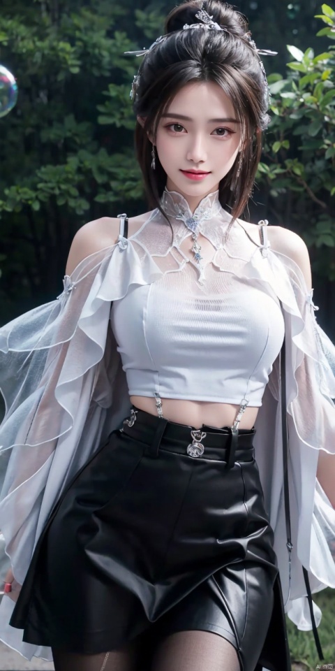  (Good structure),cowboy_shot, DSLR Quality,Depth of field ,looking_at_viewer,Dynamic pose, , kind smile,,
1girl, solo, breasts, looking at viewer, short hair, skirt, brown hair, bare shoulders, brown eyes, jewelry, standing, short sleeves, cowboy shot, parted lips, midriff, black skirt, necklace,  lips, crop top, bubble, luxueqi, blackpantyhose