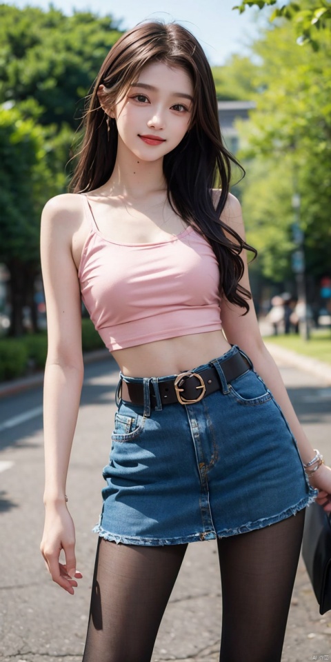  best quality, masterpiece, cowboy_shot,(Good structure), DSLR Quality,Depth of field,kind smile,looking_at_viewer,Dynamic pose,
 1girl, 3d, bare_shoulders, belt, blurry, blurry_background, blurry_foreground, branch, , , , collarbone, cosplay_photo, denim, denim_skirt, depth_of_field, , lips, long_hair, looking_at_viewer, midriff, miniskirt, motion_blur, navel, outdoors, photo_\(medium\), realistic, skirt, solo, standing, tree, , , , blackpantyhose, guanxiaotong