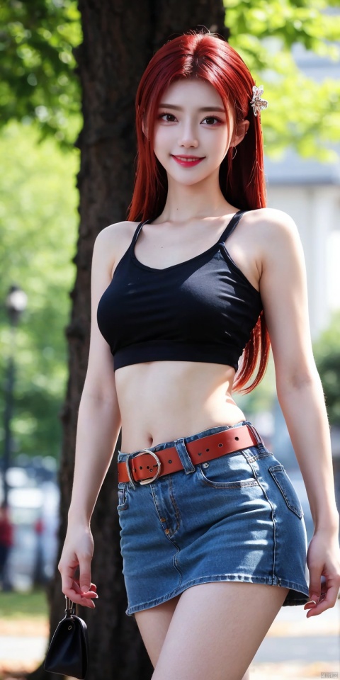  best quality, masterpiece, cowboy_shot,(Good structure), DSLR Quality,Depth of field,kind smile,looking_at_viewer,Dynamic pose,
 1girl, 3d, bare_shoulders, belt, blurry, blurry_background, blurry_foreground, branch, , , , collarbone, cosplay_photo, denim, denim_skirt, depth_of_field, , lips, long_hair, looking_at_viewer, midriff, miniskirt, motion_blur, navel, outdoors, photo_\(medium\), realistic, skirt, solo, standing, tree, , , , , , red_hair, , yefei
