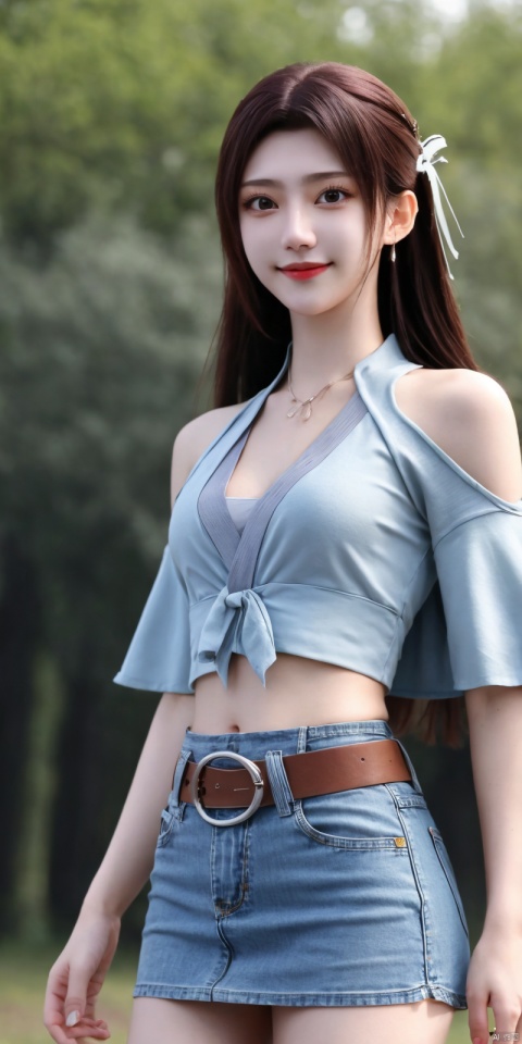 best quality, masterpiece, cowboy_shot,(Good structure), DSLR Quality,Depth of field,kind smile,looking_at_viewer,Dynamic pose,
 1girl, 3d, bare_shoulders, belt, blurry, blurry_background, blurry_foreground, branch, , , , collarbone, cosplay_photo, denim, denim_skirt, depth_of_field, , lips, long_hair, looking_at_viewer, midriff, miniskirt, motion_blur, navel, outdoors, photo_\(medium\), realistic, skirt, solo, standing, tree, , , , , yunyun