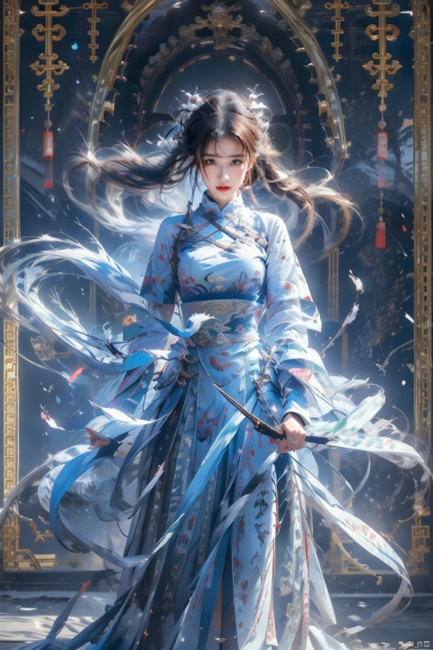  1 girl, solo, (upper body) female focal point, (Hanfu) (kimono) (skirt), blue long hair, (Chinese clothing) (blue eyes) (bright pictures) red lips, bangs, earrings, kimono, Chinese cardigan, print, tassels, (front view) (front view), sword (straight sword)
Elemental Whirlwind, Chinese Dragon_ Imagination__ Cloud winding_ Huoyun_ Dragon, Chinese architecture.
(Masterpiece), (very detailed CG Unity 8K wallpaper), the best quality, high-resolution illustrations, stunning, highlights, (best lighting, best shadows, a very exquisite and beautiful), (enhanced)·, liuyifei