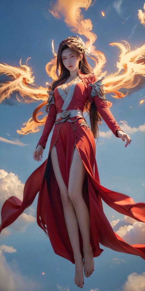 (Good structure), DSLR Quality, 1girl, 
(red fire,magic),(glowing eyes:1.3), 
chest,electricity, lightning,
white magic, aura,,
Front view,air,cloud,
backlight,looking at viewer,,
very long hair,hair flowe

full_body,(bare feet,:1.2)(flying in the sky:1.6),(Stepping on the clouds:1.2),(Red Angel Wings:1.2), wings,  (\huo yan shao nv\), yunyun,wings