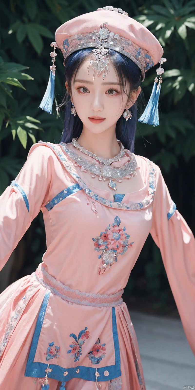  (Good structure), DSLR Quality,Depth of field ,looking_at_viewer,Dynamic pose, , ,1girl ,zhuangzu,
dress,pink dress,

blueheadwear,hat,

jewelry,necklace,earrings