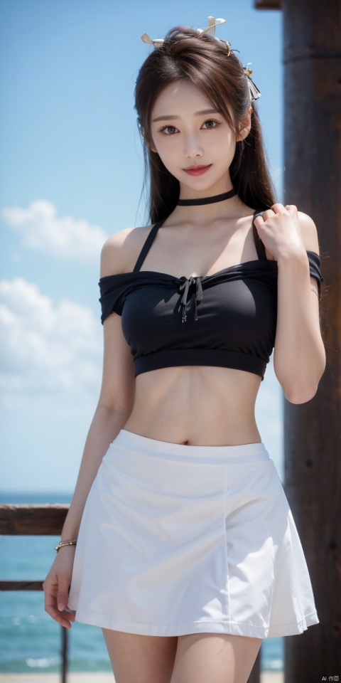  cowboy_shot,(Good structure), DSLR Quality,Short skirt,Blue sky, white clouds, ocean, nai3, 1girl, solo, crop top, , choker, navel, shirt, midriff, crop top overhang, looking at viewer, white shirt, jewelry, breasts, bare shoulders, off-shoulder shirt, off shoulder, black choker, thighs, stomach, long hair, bracelet, short sleeves, ribbon, hand up, collarbone, hair ribbon, medium breasts, , bra strap, , hair ornament, thigh gap, necklace, expressionless, , ,kind smile, , , lichun