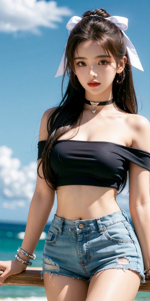  cowboy shot, Blue sky, white clouds, ocean,nai3, 1girl, shorts, solo, crop top, black shorts, choker, navel, shirt, midriff, crop top overhang, looking at viewer, white shirt, jewelry, breasts, bare shoulders, short shorts, off-shoulder shirt, off shoulder, black choker, thighs, stomach, hand on own thigh, long hair, bracelet, short sleeves, ribbon, hand up, collarbone, hair ribbon, medium breasts, standing, high-waist shorts, dolphin shorts, bra strap, , hair ornament, thigh gap, necklace, expressionless, , ,kind smile, yangchaoyue