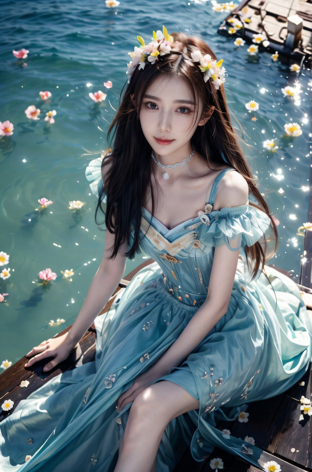 ((Good anatomical structure)),HDR, UHD, 8K, A real person , Highly detailed, best quality, masterpiece, 1girl, realistic, Highly detailed, (EOS R8, 50mm, F1.2, 8K, RAW photo:1.2), ultra realistic 8k cg, good anatomy,1 girl, solo focus,peafect body,Long hair,Messy hair,Bangs,hair between eyes,Sidelocks,Hair over shoulder,very long hair,shiny hair,floating hair,Bright eyes,big eyes,detailed eyes,beautiful eyes,hair ornament,hair flower,choker,frilled dress with lace,long dress,pleated dress,[loli],,outdoors,water,flower,sitting in the ((sea of flowers)), flower field,meadow,beautiful detailed sky,feather,nature,(sunlight),  skirt up,,moist skin, shiny skin, glossy skin, (best illumination, best shadow, extremely delicate and beautiful), perfect lighting, original, highres, dynamic angle, floating,depth of field, caustics,lens flare,warm lighting,(official art,beautiful and aesthetic:1.2),beautiful face, ultra detailed eyes, looking_at_viewer,kind smile,pose for picture,,glint sparkle,xulingxi,solo