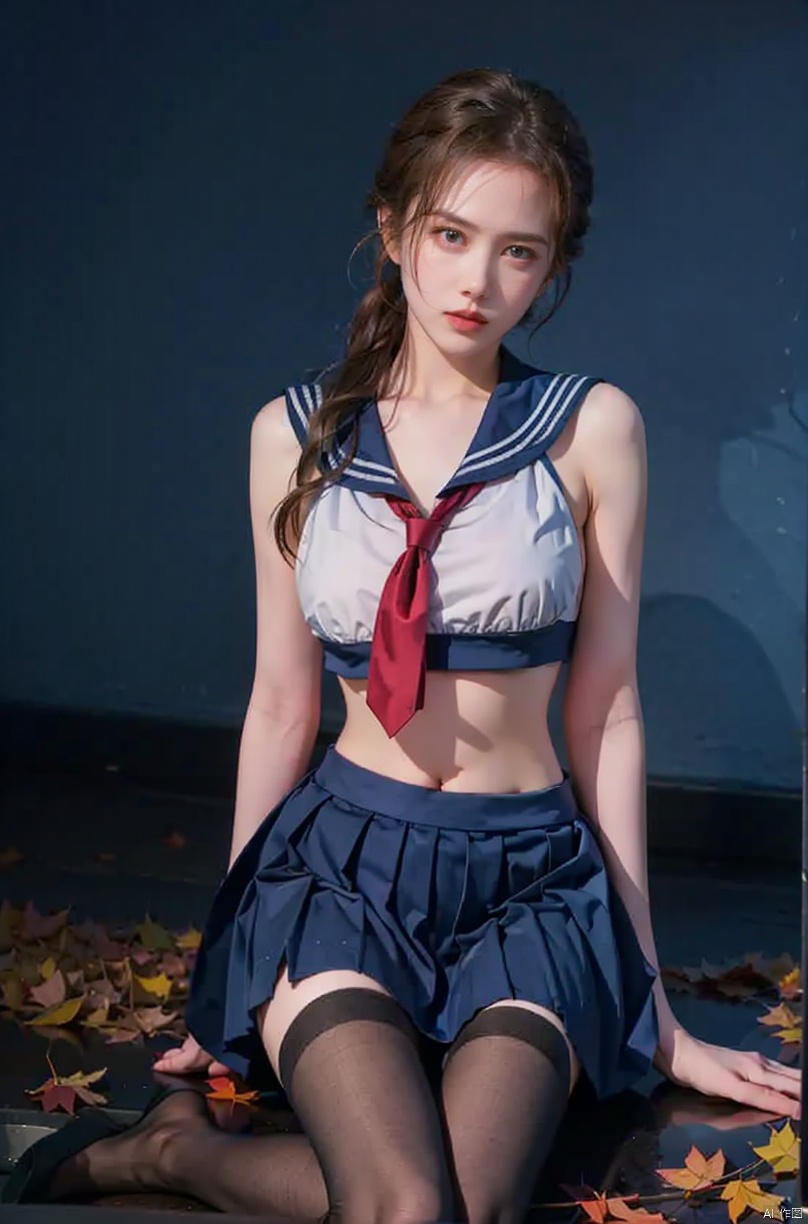  1girl, Autumn, fallen leaves, orange and red tone color,,
 pretty face, (photo realistic: 1.3) , Edge lighting, (high-detail skin) , 8K ultra-hd, DSLR, high quality, high resolution,(photo realistic: 1.3) 
,large breasts, (boobs naked:0.8), ,sailor senshi uniform,blue bow,blue necktie,blue sailor collar,blueskirt,black pantyhose, light master, Detail, , nike