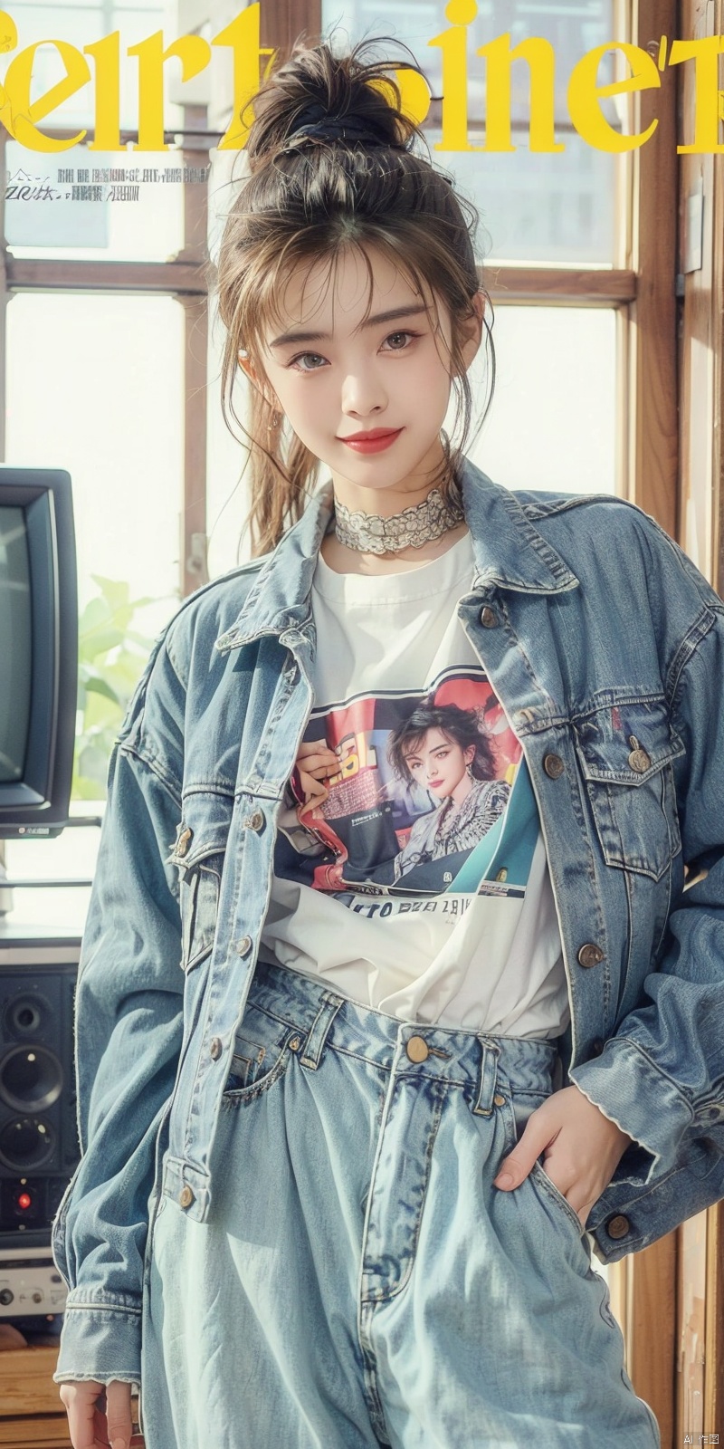  80sDBA style, fashion, (magazine: 1.3), (cover style: 1.3),Best quality, masterpiece, high-resolution, 4K, 1 girl, smile, exquisite makeup,shirt,jean,jacket , lace, tv,boombox
, wangzuxian, zhangmin