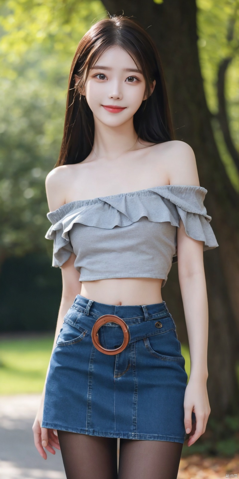  best quality, masterpiece, cowboy_shot,(Good structure), DSLR Quality,Depth of field,kind smile,looking_at_viewer,Dynamic pose,
 1girl, 3d, bare_shoulders, belt, blurry, blurry_background, blurry_foreground, branch, , , , collarbone, *******_photo, denim, denim_skirt, depth_of_field, , lips, long_hair, looking_at_viewer, midriff, miniskirt, motion_blur, navel, outdoors, photo_\(medium\), realistic, skirt, solo, standing, tree, , , , blackpantyhose, , , , , , , lizhien