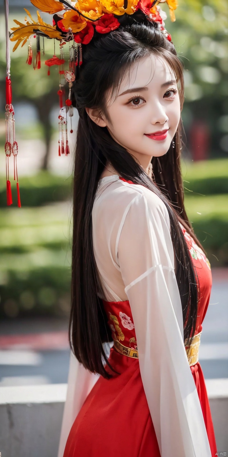  best quality, masterpiece, realistic, ,(Good structure), DSLR Quality,Depth of field,kind smile,looking_at_viewer,Dynamic pose, 
1girl, solo, long hair, 
,fengguanxiapei,dress,chinese clothes,red dress,traditional clothes, zhulin
