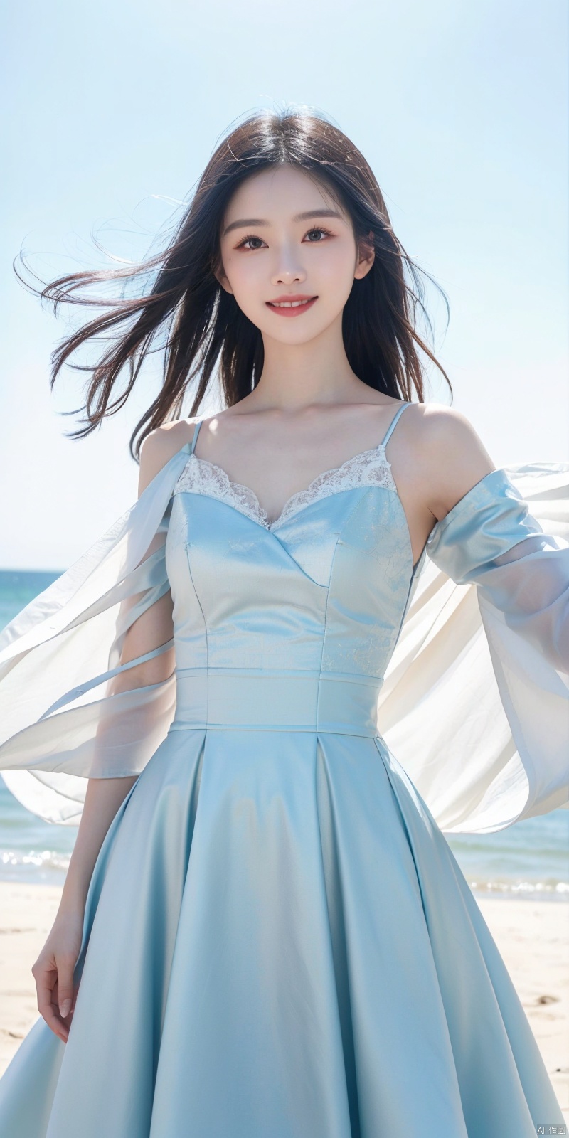  best quality, masterpiece, cowboy_shot,(Good structure), DSLR Quality,Depth of field,kind smile,looking_at_viewer,Dynamic pose, 
, Blue sky and white clouds on the beach,Masterpiece, (ultra wide angle lens: 1.2), Unity8k wallpaper, best quality, (detail shadow: 1.1), a beautiful girl, on a sea of light blue silk, translucent silk, floating light blue silk, surrealist style, minimalism, highly detailed texture, light blue, white clean background, CG rendering, light passing through clouds, 8k resolution, (motion photo: 1.2), (Fidelity: 1.4), original photos, movie lighting, 1girl,, ,,kind smile, , weddingdress, , duling