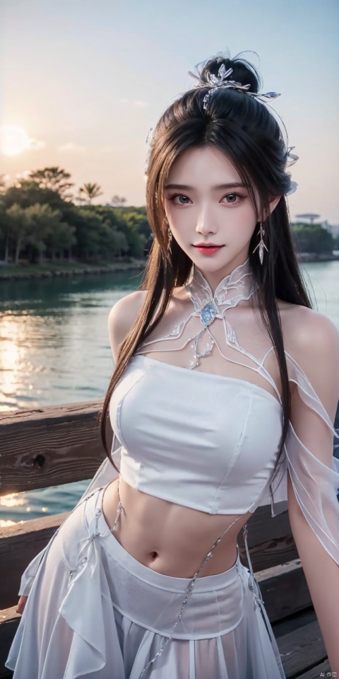  (Good structure),cowboy_shot, DSLR Quality,Depth of field ,looking_at_viewer,Dynamic pose, , kind smile,,
1girl, solo, long hair, , looking at viewer, skirt, hair ornament, bare shoulders, jewelry, , black hair, earrings, outdoors, midriff, water, necklace, lips, crop top, grey eyes, leaning forward, ocean, white skirt, strapless vest, sunset, sun, , luxueqi