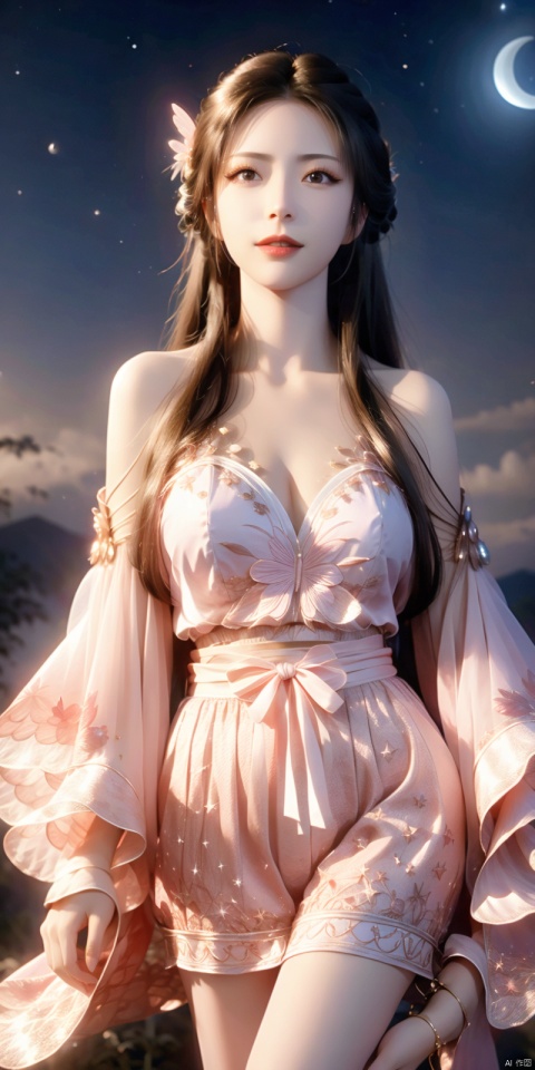  (Good structure),cowboy_shot,1girl, bare_shoulders, breasts, bug, butterfly, cleavage, cloud, crescent_moon, full_moon, hair_ornament, lips, long_hair, looking_at_viewer, medium_breasts, moon, moonlight, night, night_sky, red_lips, kneeling, sky, solo, star_\(sky\), starry_sky,sun,,looking_at_viewer,kind smile, nangongwan