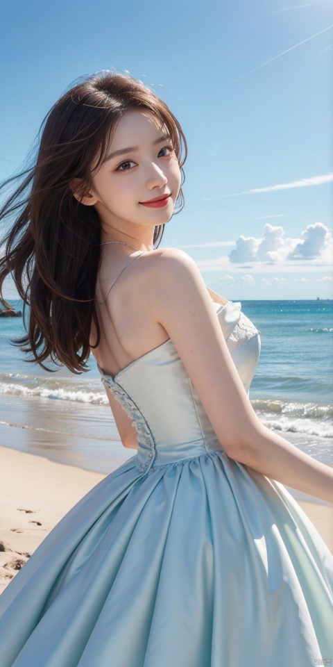  best quality, masterpiece, cowboy_shot,(Good structure), DSLR Quality,Depth of field,kind smile,looking_at_viewer,Dynamic pose, 
, Blue sky and white clouds on the beach,Masterpiece, (ultra wide angle lens: 1.2), Unity8k wallpaper, best quality, (detail shadow: 1.1), a beautiful girl, on a sea of light blue silk, translucent silk, floating light blue silk, surrealist style, minimalism, highly detailed texture, light blue, white clean background, CG rendering, light passing through clouds, 8k resolution, (motion photo: 1.2), (Fidelity: 1.4), original photos, movie lighting, 1girl,, ,,kind smile, , weddingdress, , , linyuner, lichun, zhangmin