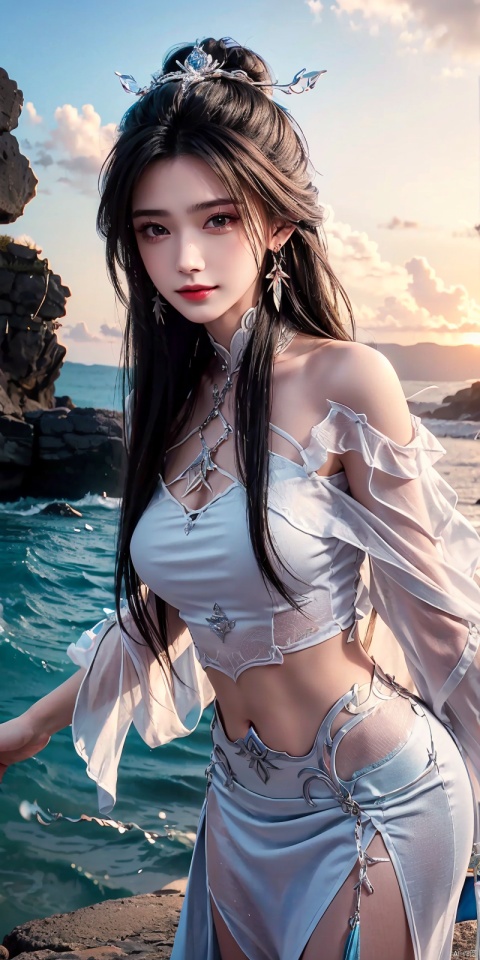  (Good structure),cowboy_shot, DSLR Quality,Depth of field ,looking_at_viewer,Dynamic pose, , kind smile,,
1girl, solo, long hair, , looking at viewer, skirt, hair ornament, bare shoulders, jewelry, , black hair, earrings, outdoors, midriff, water, necklace, lips, crop top, grey eyes, leaning forward, ocean, white skirt, strapless vest, sunset, sun, , luxueqi